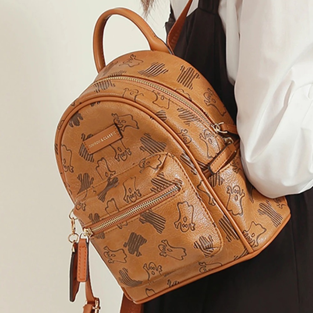 Chibi Ghost Embossed Halloween Patterned Women's Faux Leather Small Backpack